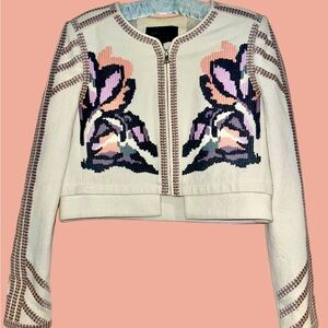 Ivory and multicolor BCBGMaxAzria Duke long sleeve cropped knit jacket